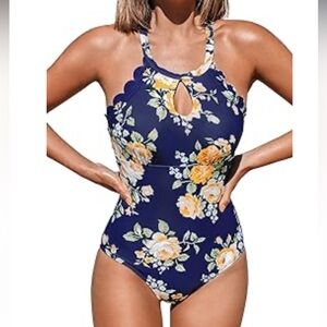 NWT Cupshe Blue Floral Scalloped High Neck One Piece Swimsuit M